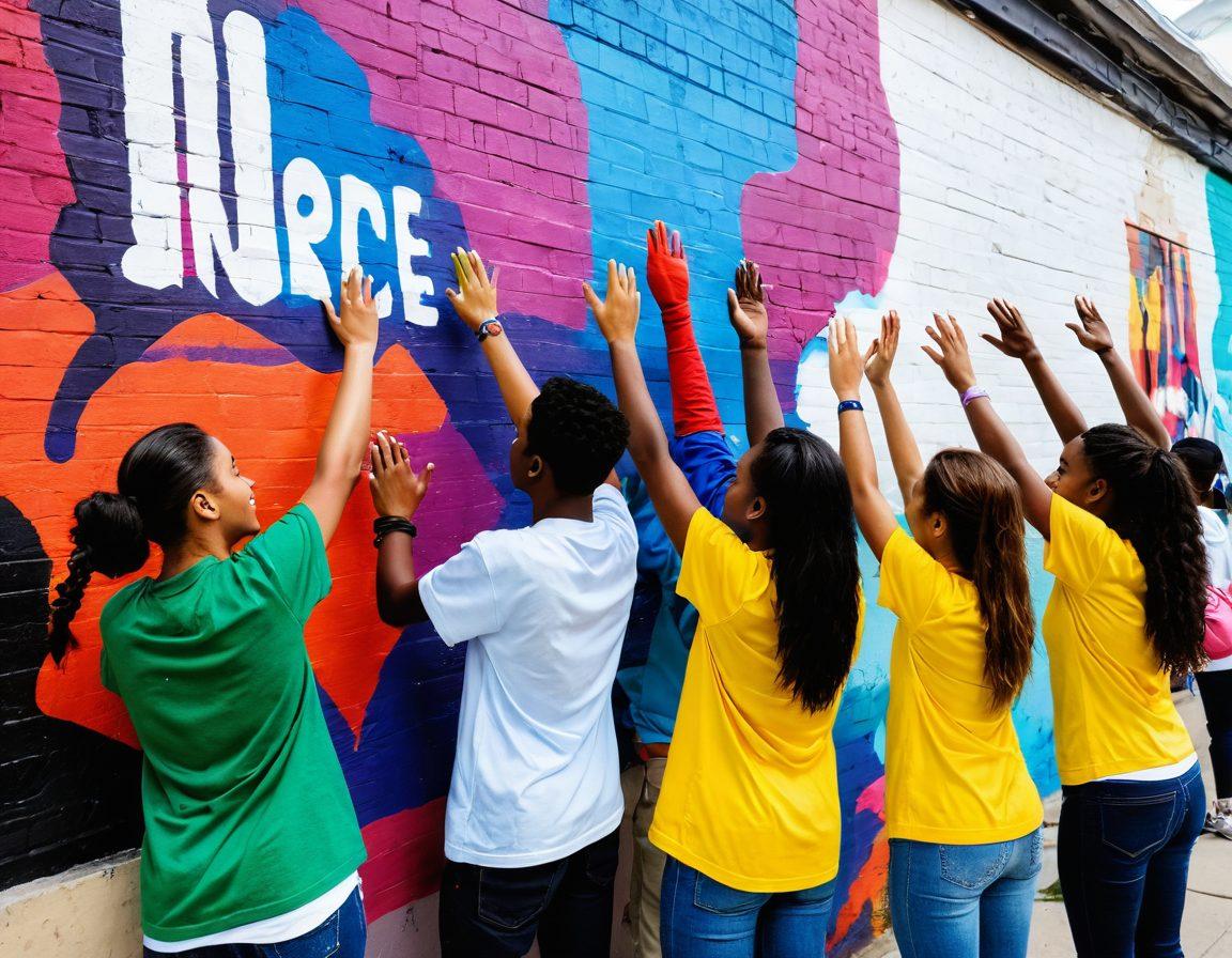 A diverse group of enthusiastic teenagers actively engaged in community service, painting a mural on a vibrant wall that symbolizes unity and hope. Surround them with greenery and urban elements that represent their city, while showcasing their diverse backgrounds with clothing that reflects their culture. Add elements of teamwork and joy, such as high-fives and smiles, to highlight empowerment in action. super-realistic. vibrant colors. urban setting.