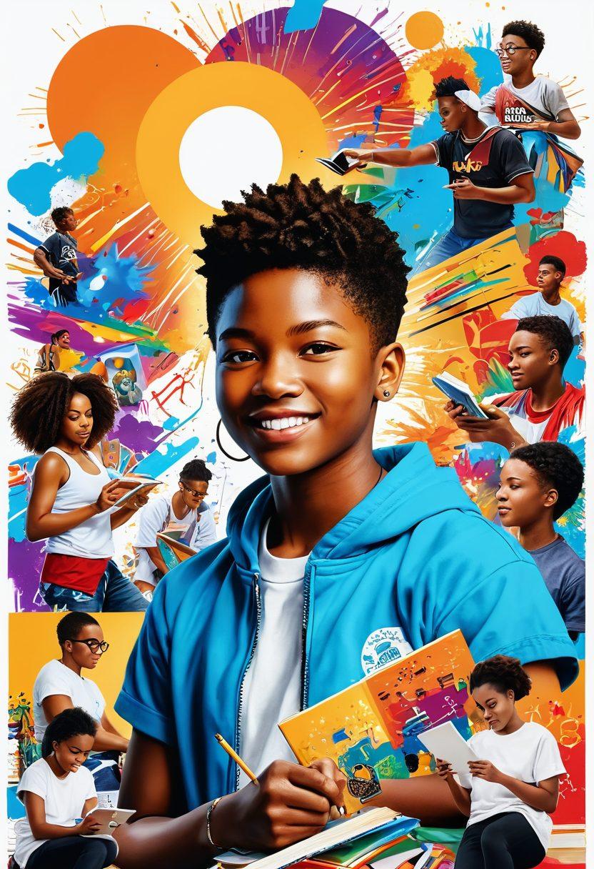 A dynamic collage illustrating diverse young individuals engaging in vibrant activities such as painting, coding, sports, and community service, surrounded by symbols of inspiration like a rising sun and books. The background features colorful graffiti with motivational quotes. Use bright, uplifting colors to evoke a sense of hope and potential. super-realistic. vibrant colors. white background.