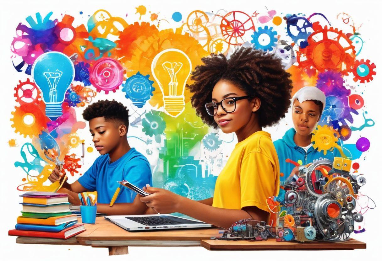 A vibrant collage showcasing diverse teens engaged in innovative projects, like coding, art, and science experiments. They are surrounded by symbols of creativity such as lightbulbs, gears, and colorful art supplies, all radiating energy and inspiration. A backdrop of a modern classroom filled with technology and books, conveying a sense of empowerment and discovery. Bright and uplifting colors to evoke positivity and dynamism. super-realistic. vibrant colors. white background.
